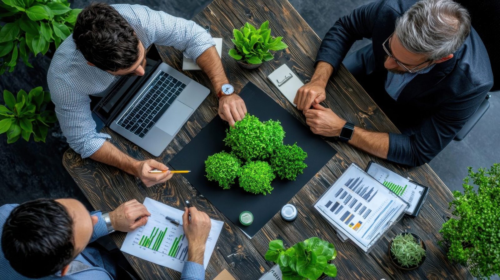 448 A high-angle view of a business meeting table with laptops and startup financial reports
