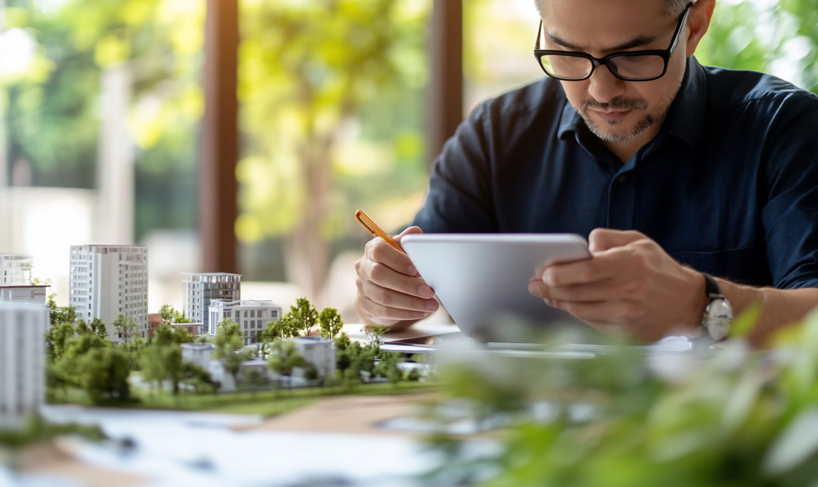 Architect working on a digital tablet, with model of buildings and greenery on a table.