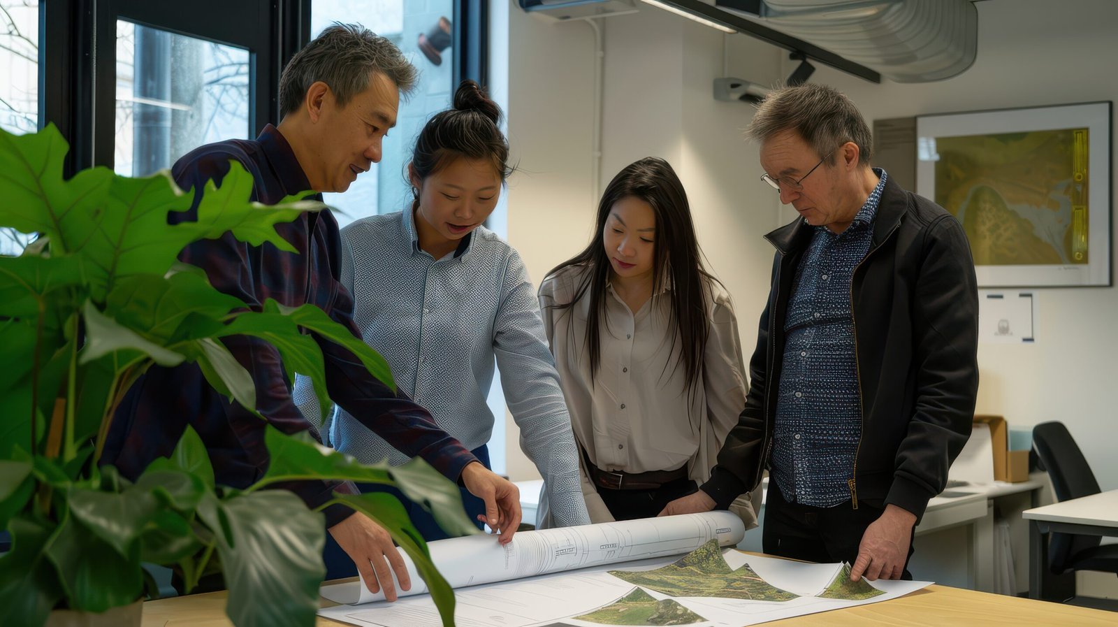A group of four colleagues is gathered around a large table, closely examining detailed maps and discussing project plans in a contemporary office setting.