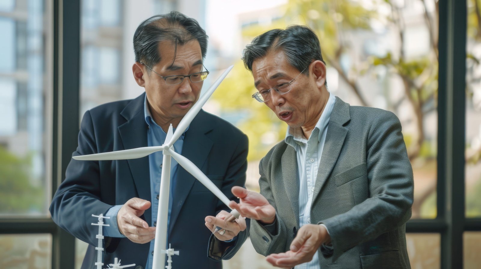 Two men in a modern office intently examine a wind turbine model, discussing future plans and sustainable energy solutions.