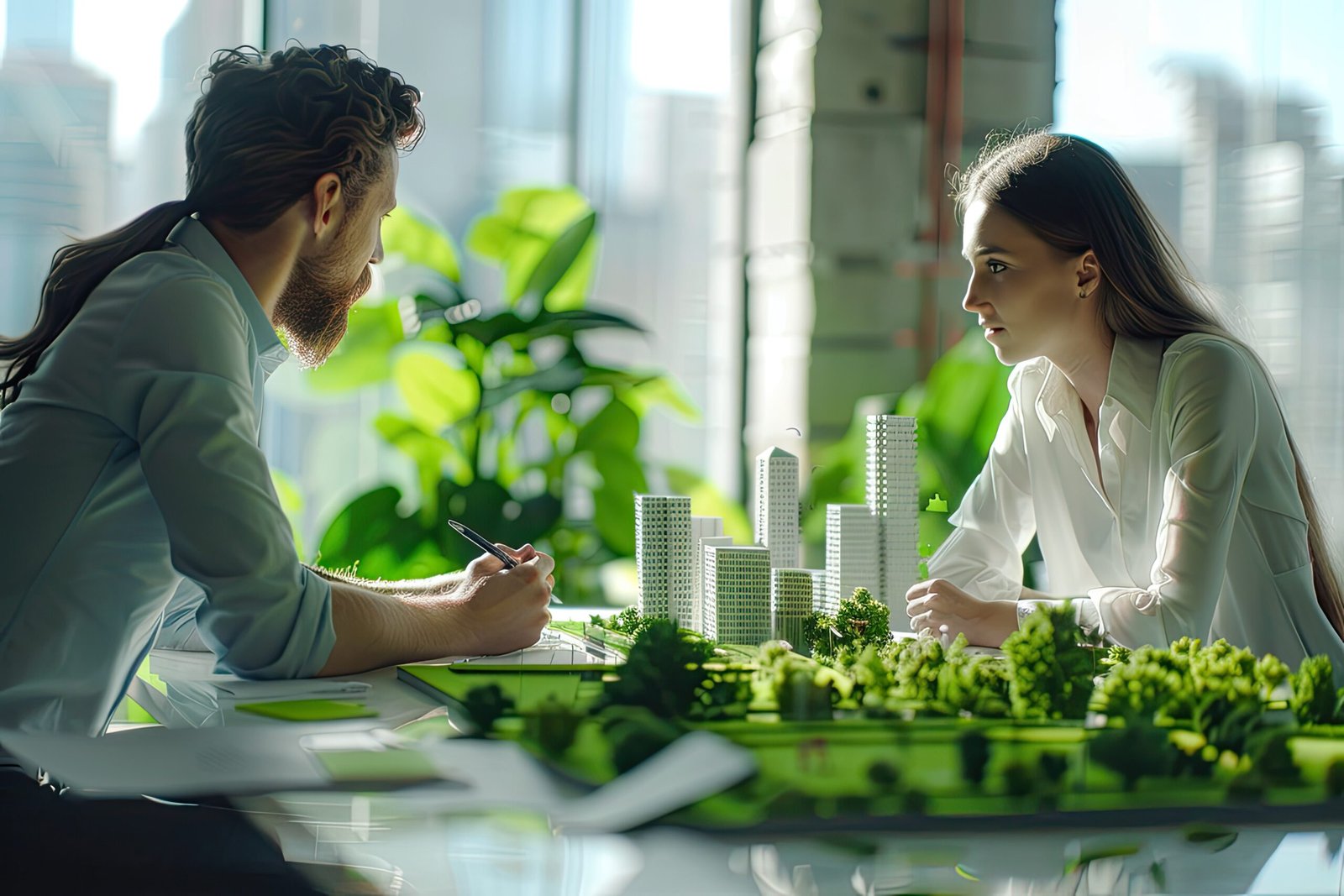 Two business people talking about eco city at green business meeting on meeting table with green city block model Young Man and woman discussing new city layout model in Bureau of Architecture , high detail, 8k --ar 3:2 Job ID: 4391e873-540b-4e52-a03e-89b660623bc2