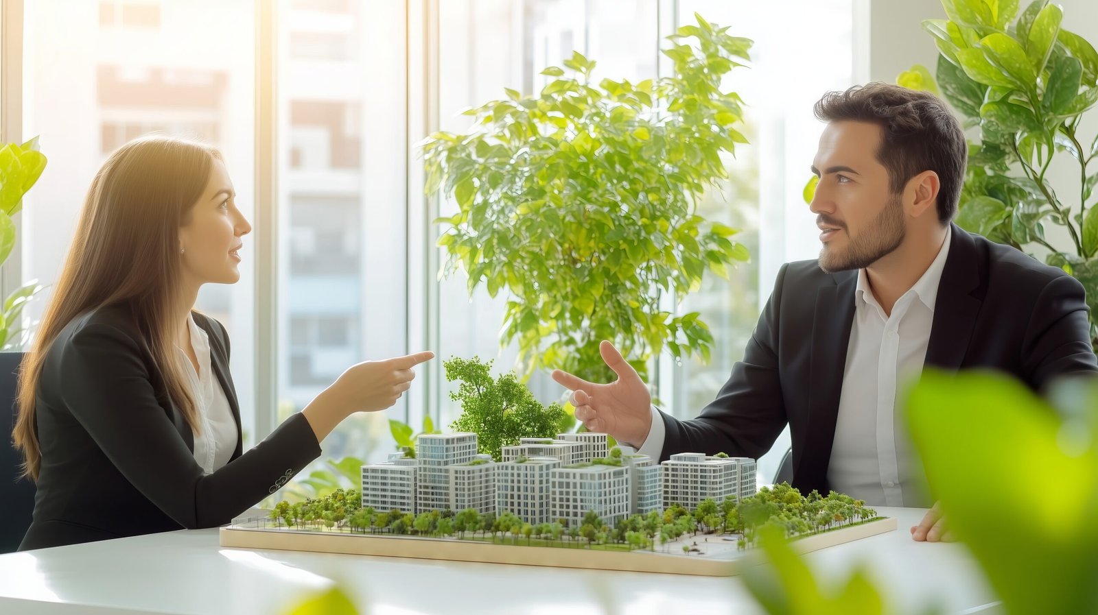 Two architects are discussing a sustainable building project using a miniature model in a bright office surrounded by plants