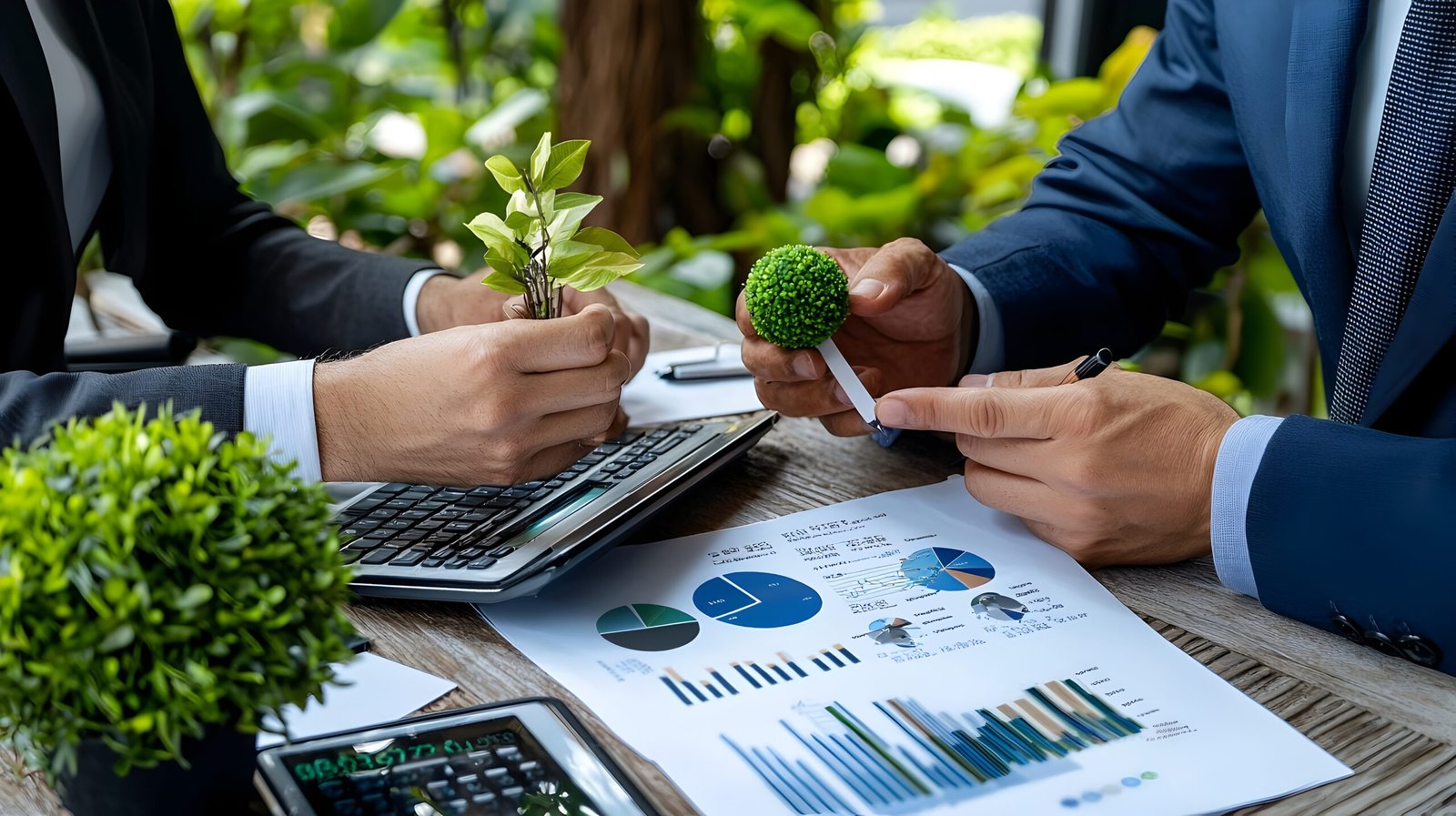 A team of business professionals working together to analyze and review digital financial performance data and metrics displayed on various charts graphs and dashboards in the office workspace